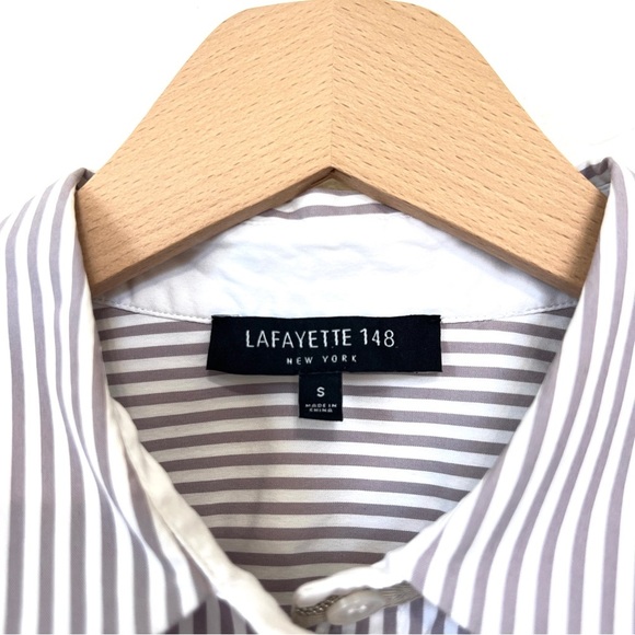 Lafayette 148 Classic Tan & White Striped Poplin Button-Up Shirt Size Small - Picture 7 of 11